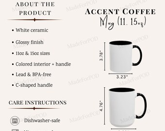 Tabella delle dimensioni delle tazze Accent, guida ai colori delle tazze Accent Printify, guida alle dimensioni delle tazze bicolore, mockup di tazza Printify da 11 oz e 15 oz, mockup di tazza da caffè Accent
