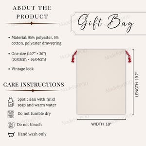 May include: A cream gift bag with red drawstring closures. The bag is rectangular, with dimensions of 50.03cm x 45.72cm. The text "Gift Bag" is displayed in elegant script. The bag is made of polyester and cotton.