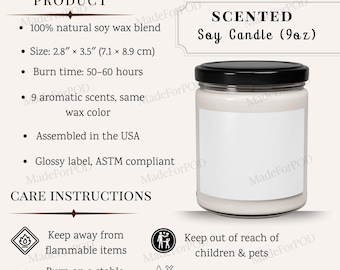 Scented Soy Candle Care Card, 11o Candle Info Sheet Mockup, Printify Soy Wax Candle Product Details, Listing Mockups For Sellers
