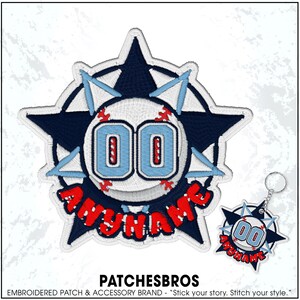 May include: Embroidered patch with a baseball design featuring the number "00" in light blue and red, surrounded by a navy blue starburst. The word "ANYNAME" is in red. A matching keychain is also shown. The brand name "PATCHESBROS" is at the bottom.