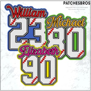 May include: Embroidered patches with names and numbers in baseball style. The patches feature the names "William", "Michael", and "Elizabeth" with the numbers 23, 80, and 90. Each patch has a baseball stitch design.