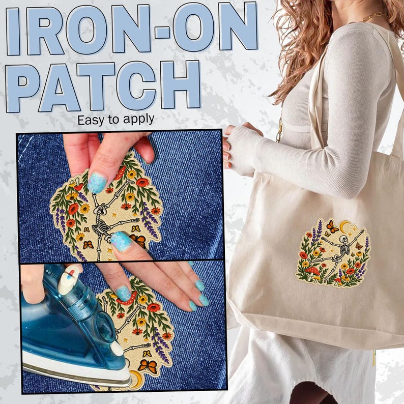 May include: An iron-on patch featuring a skeleton dancing amidst colourful flowers, butterflies, and mushrooms. The patch is shown being applied to blue denim fabric with an iron and is also displayed attached to a beige canvas tote bag.