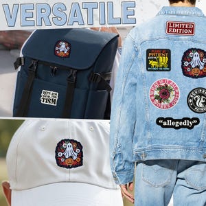 May include: Image showcasing a navy backpack, a light-wash denim jacket, and a white baseball cap, each adorned with various patches. The patches feature a ghost, floral designs, and text. The word "VERSATILE" is displayed at the top.