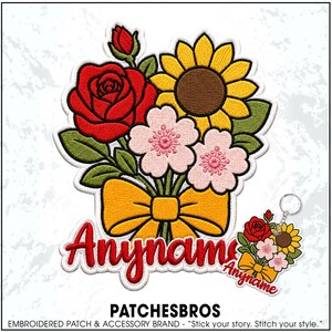 Custom Floral Bouquet Bow Name Patch Personalized Text Wildflower Botanical Ribbon Embroidered Patches – Embroidered Keychain Sew On Iron On
