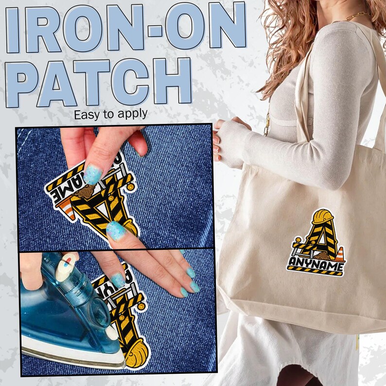 May include: An iron-on patch featuring a large letter A designed with yellow and black construction hazard stripes, a yellow hard hat, and orange traffic cones. The patch includes the text ANYNAME and is shown applied to a beige tote bag.