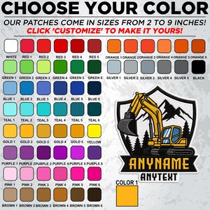 May include: A colour selection chart for custom patches, featuring a grid of various coloured squares labelled with names and numbers, and an embroidered patch design of a yellow excavator in front of mountains with text ANYNAME ANYTEXT.