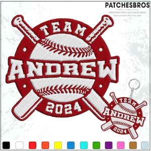 May include: Embroidered baseball patch with the text "TEAM ANDREW 2024" in white on a red background. The design includes a baseball and crossed bats. A smaller keychain version is also shown.