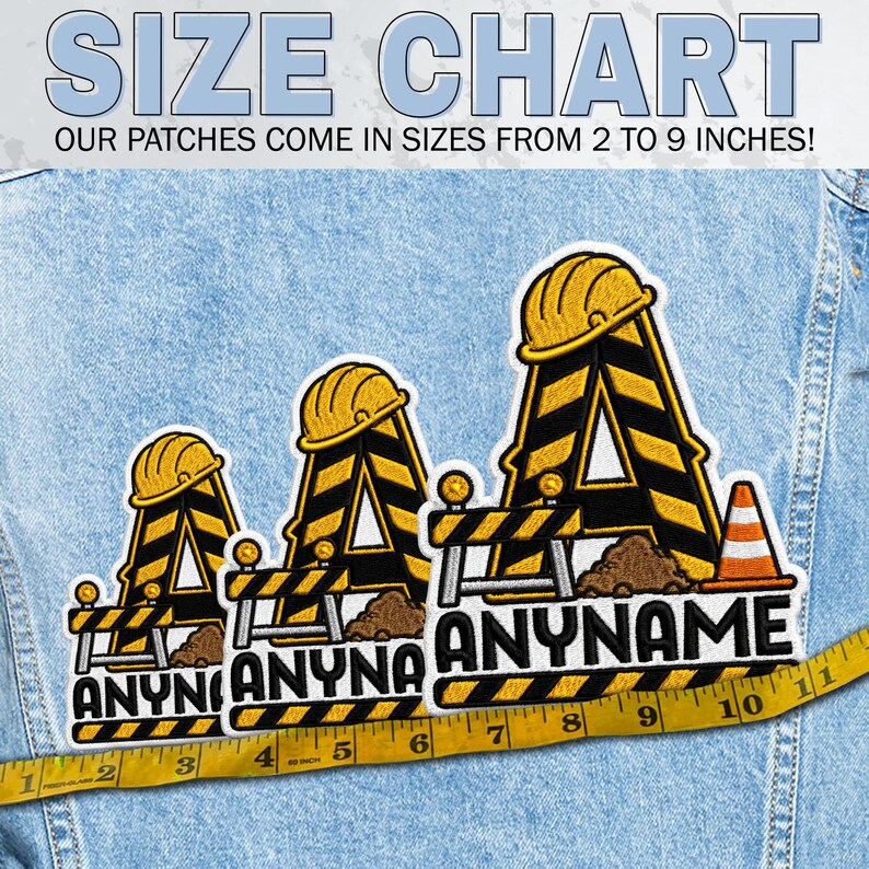 May include: Three embroidered patches featuring the letter A styled as a construction barricade with a yellow hard hat, a pile of dirt, and an orange traffic cone. The text ANYNAME is embroidered at the base. A yellow measuring tape shows sizes.