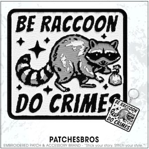 May include: Embroidered patch with a raccoon illustration and the text "BE RACCOON DO CRIMES" in black and white. A small keychain with the same design is also visible. The patch is square with a black border.