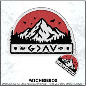 May include: Embroidered patch with a mountain scene under a red semi-circle. The patch has a black and white design with the text "G>AV" and a smaller keychain version. The brand name "PATCHESBROS" is at the bottom.