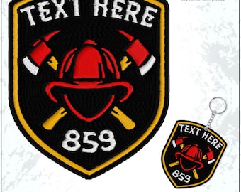 May include: Black and yellow embroidered patch with the text "TEXT HERE" and the number "859". The patch features a red firefighter helmet and crossed axes. A matching keychain is also shown.