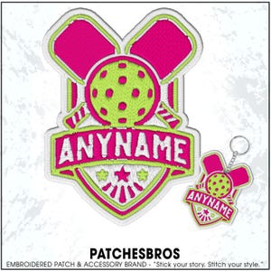 May include: Embroidered patch and keychain set featuring a pickleball design. The patch and keychain have a shield shape with a neon green pickleball and paddles, and the text "ANYNAME" in white. The brand name "PATCHESBROS" is at the bottom.