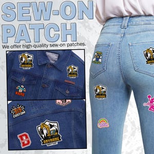 May include: A collection of embroidered sew-on patches featuring various designs including yellow excavators, a race car number 319, a rainbow with the text death metal, and sports-themed graphics, displayed on blue denim jackets and jeans.