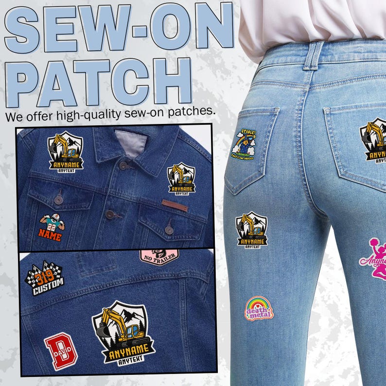 May include: A collection of embroidered sew-on patches featuring various designs including yellow excavators, a race car number 319, a rainbow with the text death metal, and sports-themed graphics, displayed on blue denim jackets and jeans.