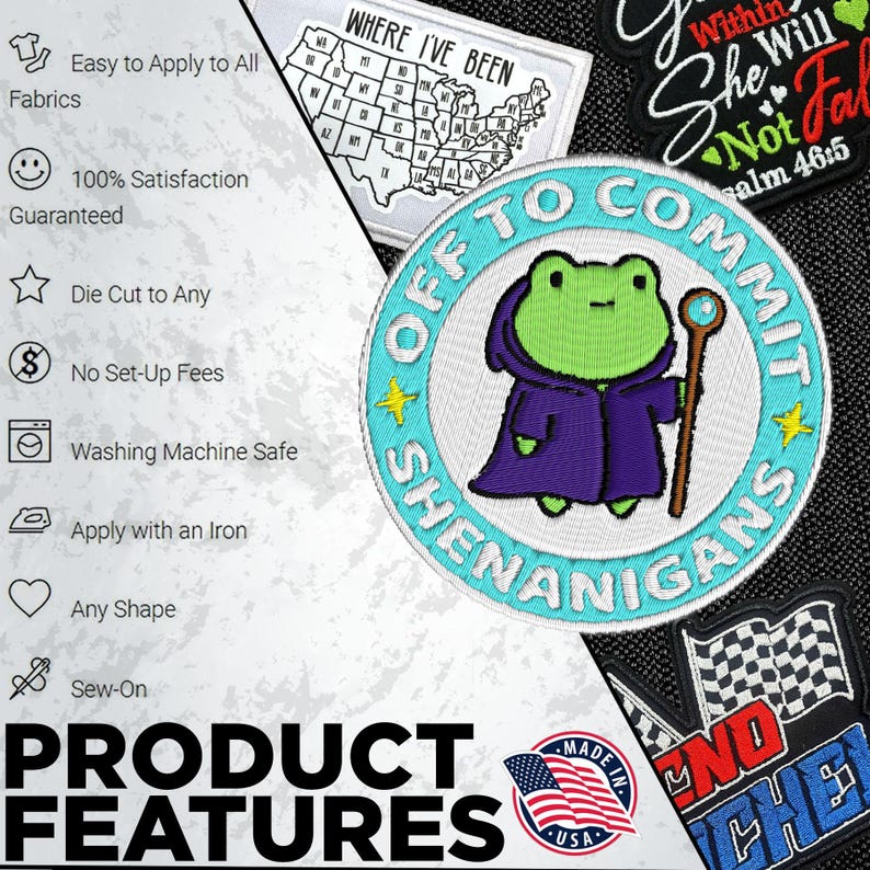 K&ouml;nnte beinhalten: Gestickte Aufn&auml;her mit verschiedenen Designs. Ein Aufn&auml;her zeigt einen gr&uuml;nen Frosch in einem lila Gewand mit dem Text "OFF TO COMMIT SHENANIGANS". Weitere Aufn&auml;her zeigen eine US-Karte, eine Zielflagge und Text. Die Aufn&auml;her sind einfach anzubringen und aufzun&auml;hen.