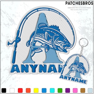 May include: Embroidered patch and keychain set featuring a blue fish design within a white outline. The design includes a fishing rod and the word "ANYNAME" in blue. The brand name "PATCHESBROS" is at the top.