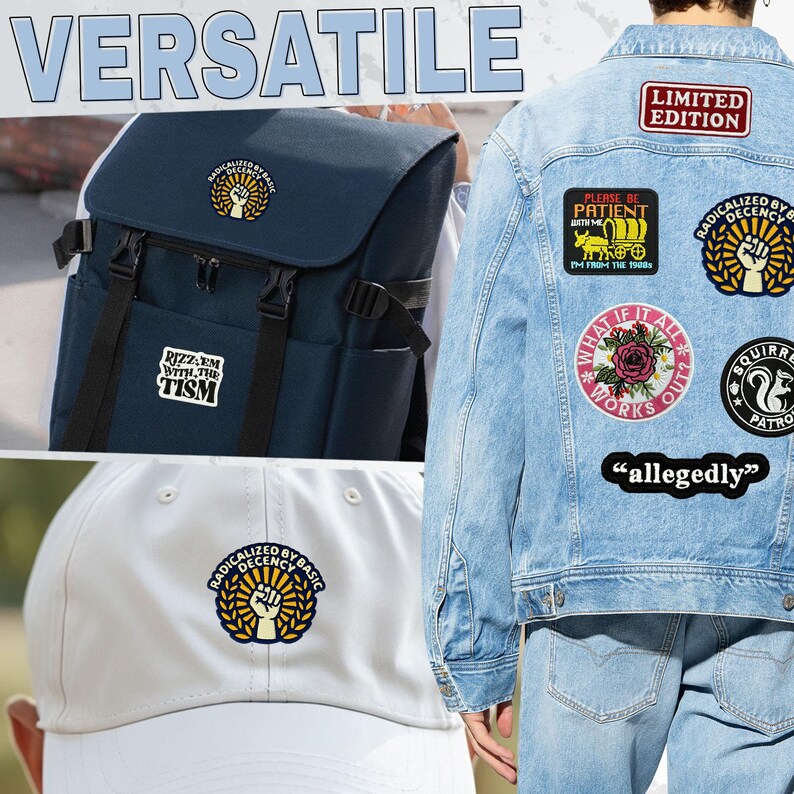 May include: Image showing a navy backpack, a light blue denim jacket, and a white baseball cap. The backpack has a patch that says "Rizz'em with the Tism." The jacket has multiple patches, including "Limited Edition" and "Allegedly."
