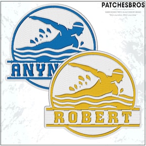May include: Embroidered patches featuring a swimmer in a blue and yellow design. The patches have a white background with the text "ANYN" and "ROBERT" in a bold font. The brand name "PATCHESBROS" is at the top.