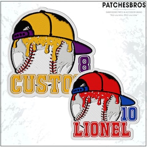 May include: Embroidered patches featuring baseballs with melting designs and baseball caps. One patch has the word "CUSTOM" and the number "8". The other patch has the name "LIONEL" and the number "10". The patches are from PATCHESBROS.