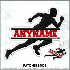 May include: An embroidered patch and a matching keychain featuring a black silhouette of a person running. A horizontal white bar with a black border cuts across the figure, containing the red text ANYNAME in a bold, capitalized font.