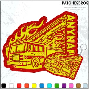 May include: Embroidered patch and keychain set featuring a yellow and red fire truck design with flames and the text "ANYNAME". The patch and keychain are from the brand PATCHESBROS.