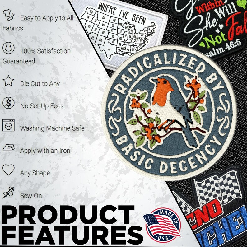 May include: A circular embroidered patch featuring a robin perched on a branch with orange berries, surrounded by a blue border with the text "RADICALIZED BY BASIC DECENCY" in white. The patch is displayed alongside other patches and text.