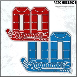 May include: Embroidered hockey-themed patches in red and blue. Each patch features a stylized hockey goalie mask with the text "Anyname" and a hockey stick and puck design. The patches are from the brand "PATCHESBROS".