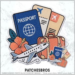 May include: An embroidered patch featuring a blue passport, two boarding passes, an orange suitcase, a white airplane, and an orange hibiscus flower. A smaller version of this design is attached to a metal keychain ring at the bottom right.
