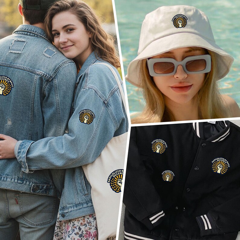 May include: A collage showing embroidered patches with the text "RADICALIZED BASIC LEGACY" and a raised fist design. The patches are on a denim jacket, a black varsity jacket, a tote bag, and a white bucket hat.