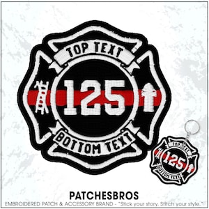 May include: Black and white embroidered patch with the number 125 in the center, a red stripe, and the words "TOP TEXT" and "BOTTOM TEXT". A smaller keychain version is also shown. The brand name "PATCHESBROS" is at the bottom.