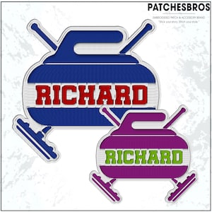 May include: Two embroidered curling stone patches. One is blue with a red "RICHARD" text, the other is purple with green text. Both have white accents and the text "RICHARD". The patches are from PATCHESBROS.