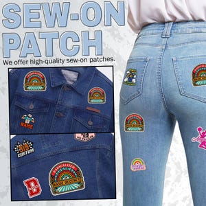 May include: Image of various sew-on patches, including a rainbow design with the text "BASIC DECENCY". The patches are displayed on a denim jacket and jeans. The text "SEW-ON PATCH" is at the top.