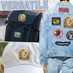 May include: A collection of embroidered patches featuring various designs including a dancing skeleton in a floral field, a covered wagon with text, a rose, a squirrel, and text labels like Limited Edition, Rizz 'em with the tism, and allegedly.