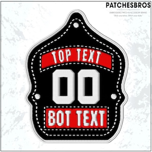 May include: Black and red embroidered patch with white stitching. The patch features the text "TOP TEXT" above the number "00" and "BOT TEXT" below. The brand name "PATCHESBROS" is at the top.