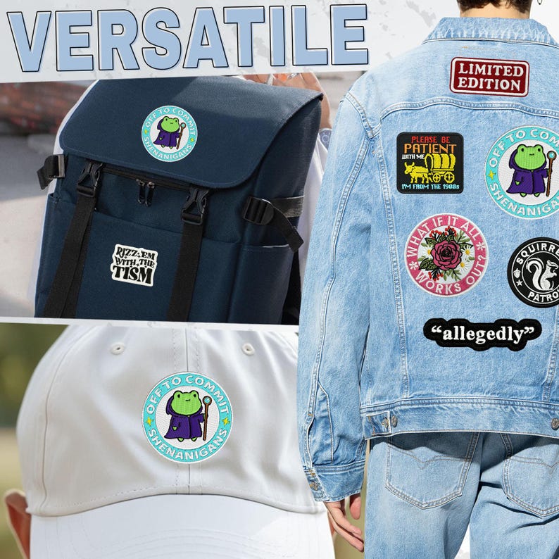 K&ouml;nnte beinhalten: Das Bild zeigt einen marineblauen Rucksack, eine hellblaue Jeansjacke und eine wei&szlig;e Baseballkappe, die jeweils mit verschiedenen Aufn&auml;hern verziert sind. Die Aufn&auml;her zeigen Text und Cartoon-Grafiken, darunter einen Frosch, eine Rose und die W&ouml;rter "allegedly" und "Limited Edition."