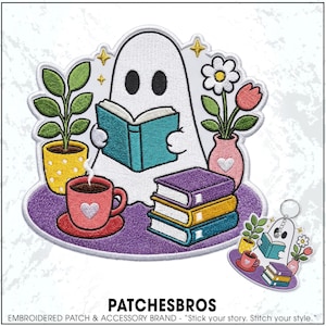 May include: An embroidered patch featuring a white ghost reading a teal book. The ghost is surrounded by a yellow potted plant, a pink vase with flowers, a red mug with a heart, and a stack of three books in purple, yellow, and teal colors.