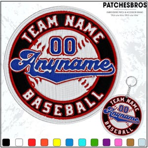May include: Embroidered baseball patch and keychain featuring a baseball design with the text "TEAM NAME", "00", and "Anyname". The patch has a red, black, and white color scheme. The keychain mirrors the patch design.
