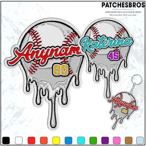 May include: Embroidered baseball patches and a keychain with a dripping design. The patches feature a baseball with red stitching, a name in red, and a number in gold. One patch has the name "Anynam" and the number "00". The other patch has the name "Katerina" and the number "45".