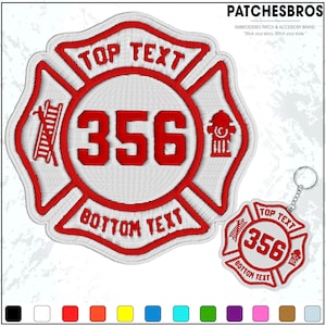 May include: Embroidered patch and keychain featuring a red and white Maltese cross design. The patch and keychain have the number 356 in the center, with the words "TOP TEXT" and "BOTTOM TEXT" above and below. A ladder and fire hydrant are also visible.