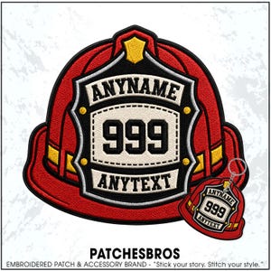 May include: An embroidered patch shaped like a red firefighter helmet with a black and white shield featuring the text ANYNAME, 999, and ANYTEXT. A smaller matching keychain version of the same helmet design is attached to the bottom right corner.