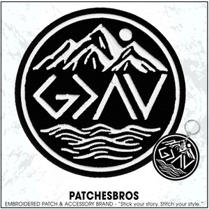 May include: Black and white embroidered patch with a mountain and wave design, featuring the letters "GAV". A matching keychain is also visible. The text "PATCHESBROS" and the brand slogan are at the bottom.