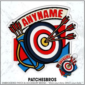 May include: An embroidered patch and a matching keychain featuring a target with a yellow center, white, red, and dark blue rings. Three arrows are embedded in the target. A blue quiver holds additional arrows. The text ANYNAME is in red.