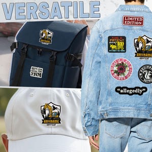 May include: A collection of embroidered patches featuring various designs including a yellow excavator, a covered wagon with the text 'PLEASE BE PATIENT WITH ME I'M FROM THE 1980S', a rose, a squirrel, and text patches reading 'RIZZ 'EM WITH THE TISM' and 'allegedly'.