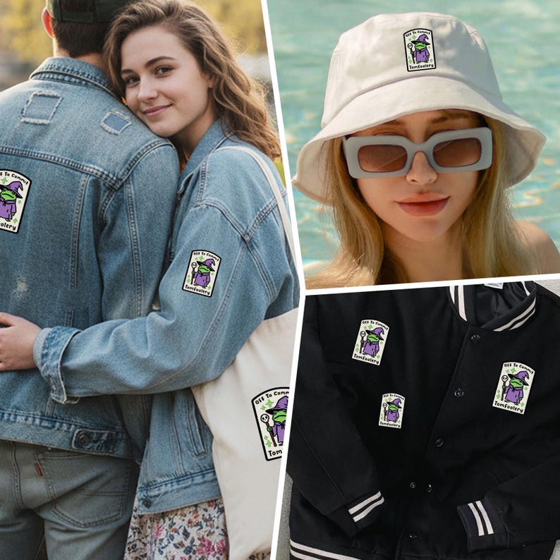 May include: A collage of apparel featuring a patch with a green witch character holding a staff. Items include a denim jacket, a white bucket hat, and a black varsity jacket. The patch reads "Off To Camp Fundatory".
