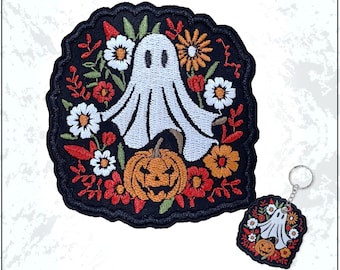 Pumpkins Spooky Ghost Autumn Fall Floral Halloween Embroidered Patch - Embroidered Keychain Sew On Iron On