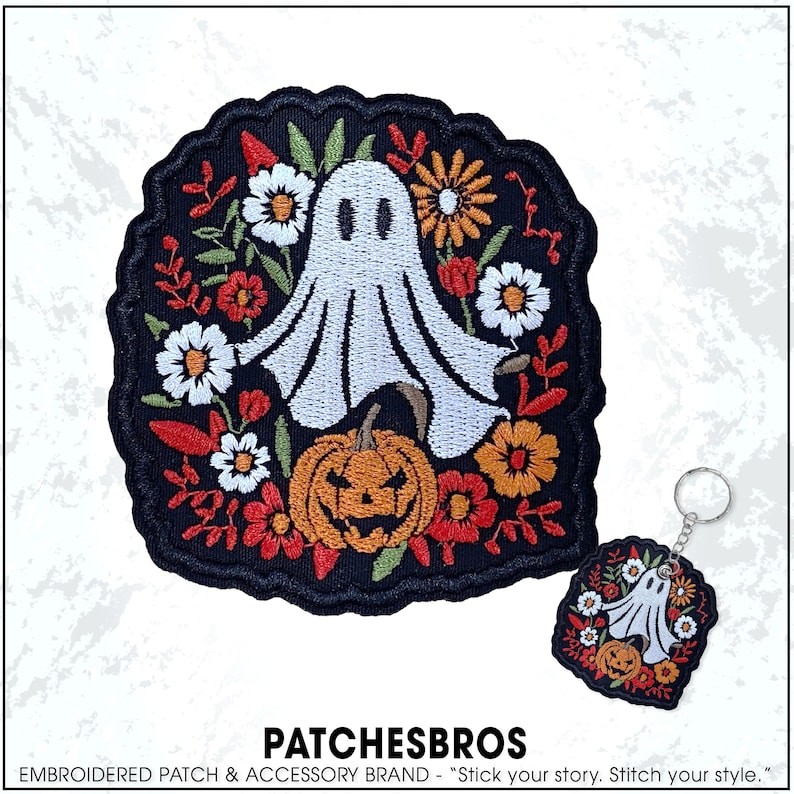 May include: Embroidered patch and keychain featuring a white ghost, orange jack-o'-lantern, and colorful flowers on a black background. The patch has a scalloped edge. The text "PATCHESBROS" is at the bottom.