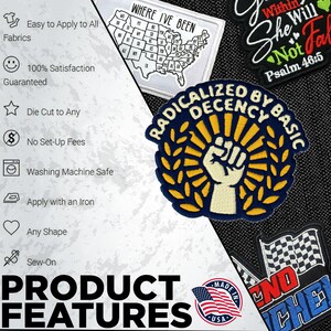 May include: Several embroidered patches with different designs and text are shown. One patch has a raised fist in a circle, another shows a map of the USA, and others have phrases like "She Will Not Fall". The words "Product Features" are also visible.