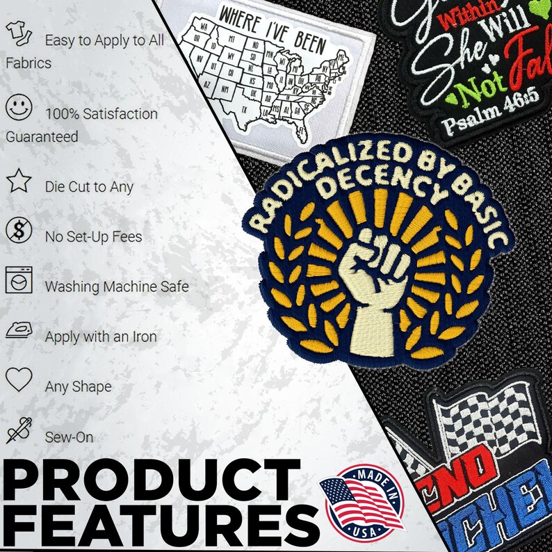 May include: Several embroidered patches with different designs and text are shown. One patch has a raised fist in a circle, another shows a map of the USA, and others have phrases like "She Will Not Fall". The words "Product Features" are also visible.