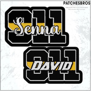 May include: Two embroidered patches with the number "91" in black with a white outline. The top patch says "Senna" in white script, and the bottom patch says "DAVID" in white block letters. A yellow stripe accents the number.