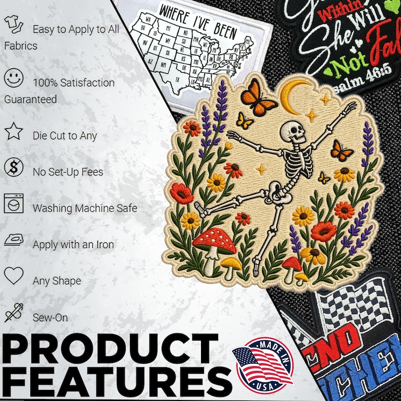 May include: An embroidered patch featuring a skeleton dancing amidst colourful wildflowers, mushrooms, and butterflies under a crescent moon. The design includes orange, yellow, red, purple, and green threads on a beige background with a scalloped edge.